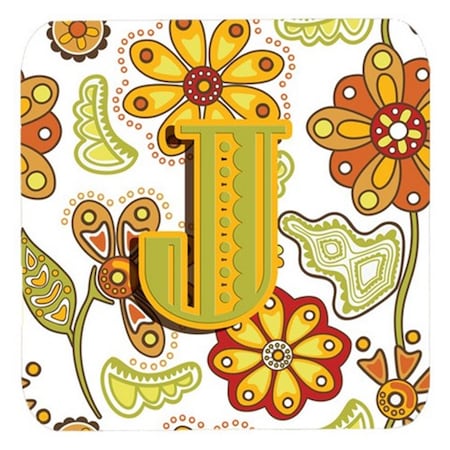 Letter J Floral Mustard And Green Foam Coasters- Set Of 4